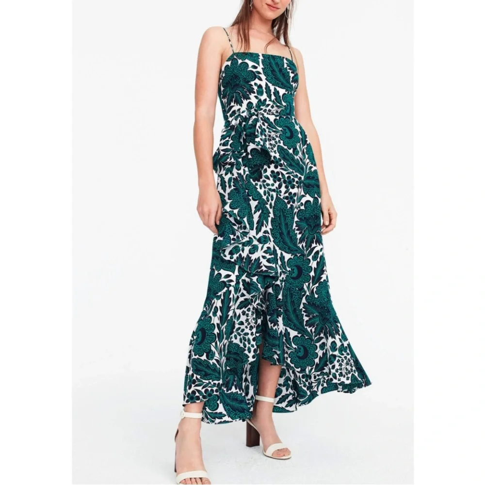 J CREW 100% Silk Hi Low Maxi Dress Tropical Floral Green White Bow Size 20 - Picture 2 of 15